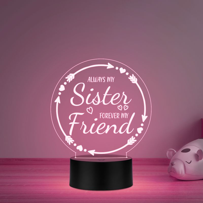 Always My Sister Forever My Friend Heartfelt Quote Acrylic Night Light for Bedroom   Meaningful Birthday & Wedding Gift for Sisters   Multicolored Light & USB Powered